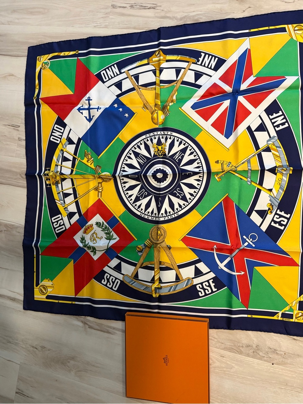 Vintage Hermès “Sextants” 90 Silk Scarf Loïc Dubigeon + Original Box & Paper